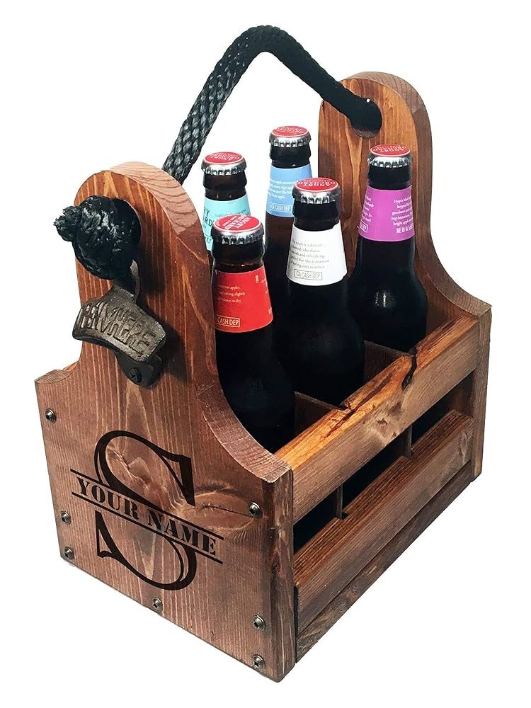 Wooden Beer Caddy: Rustic 6-Pack Carrier with Built-In Bottle Opener