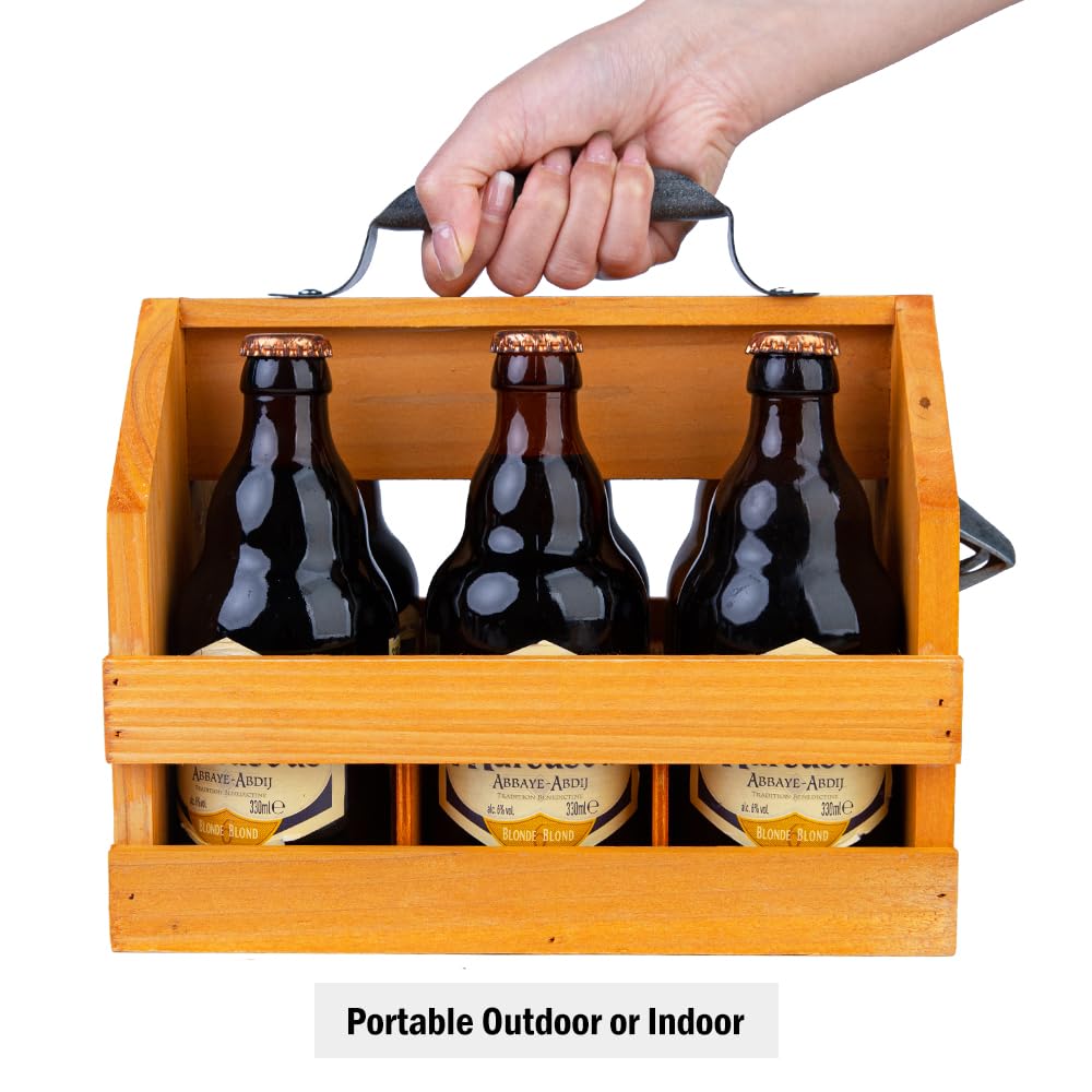 Wooden Beer Caddy: Rustic 6-Pack Carrier with Built-In Bottle Opener