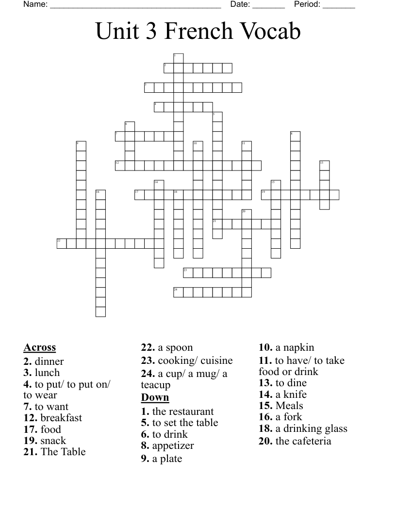 French for Cup Crossword: Easy Words and Clues